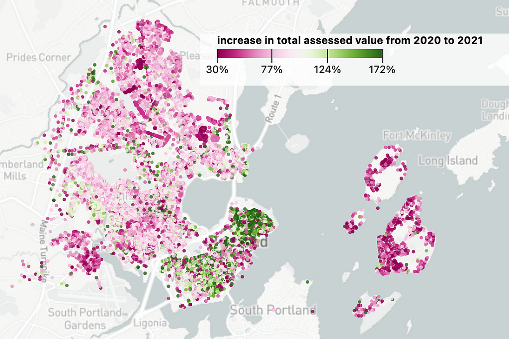 Property tax valuation changes in the City of Portland, courtesy of Bill Mill. The map shows how some neighborhoods, like Munjoy Hill, now face considerably higher tax rates, while other neighborhoods, like Stroudwater and the Casco Bay Islands, will pay lower taxes.