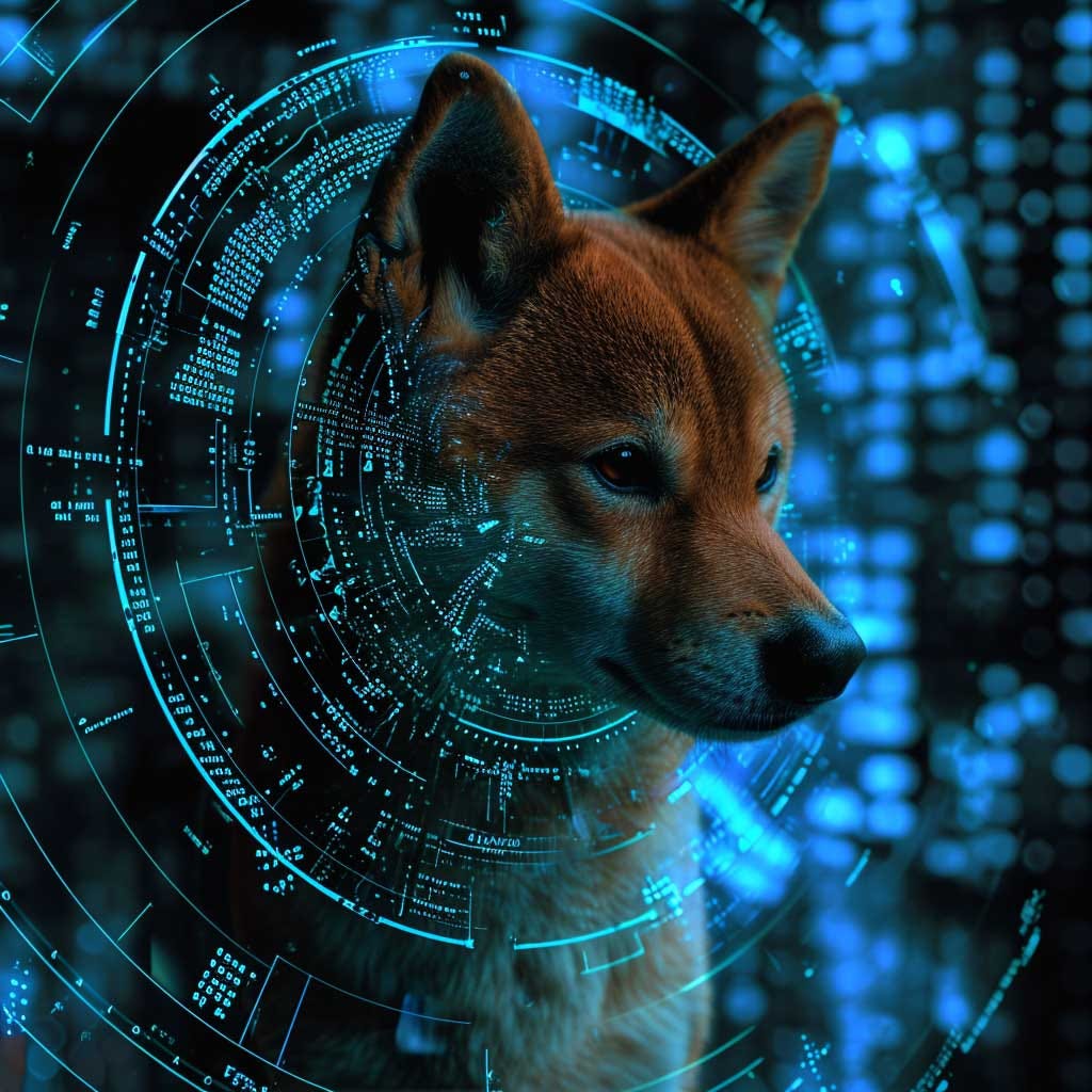 Realistic Dogi n the Matrix surrounded by blue holographic matrix tech,