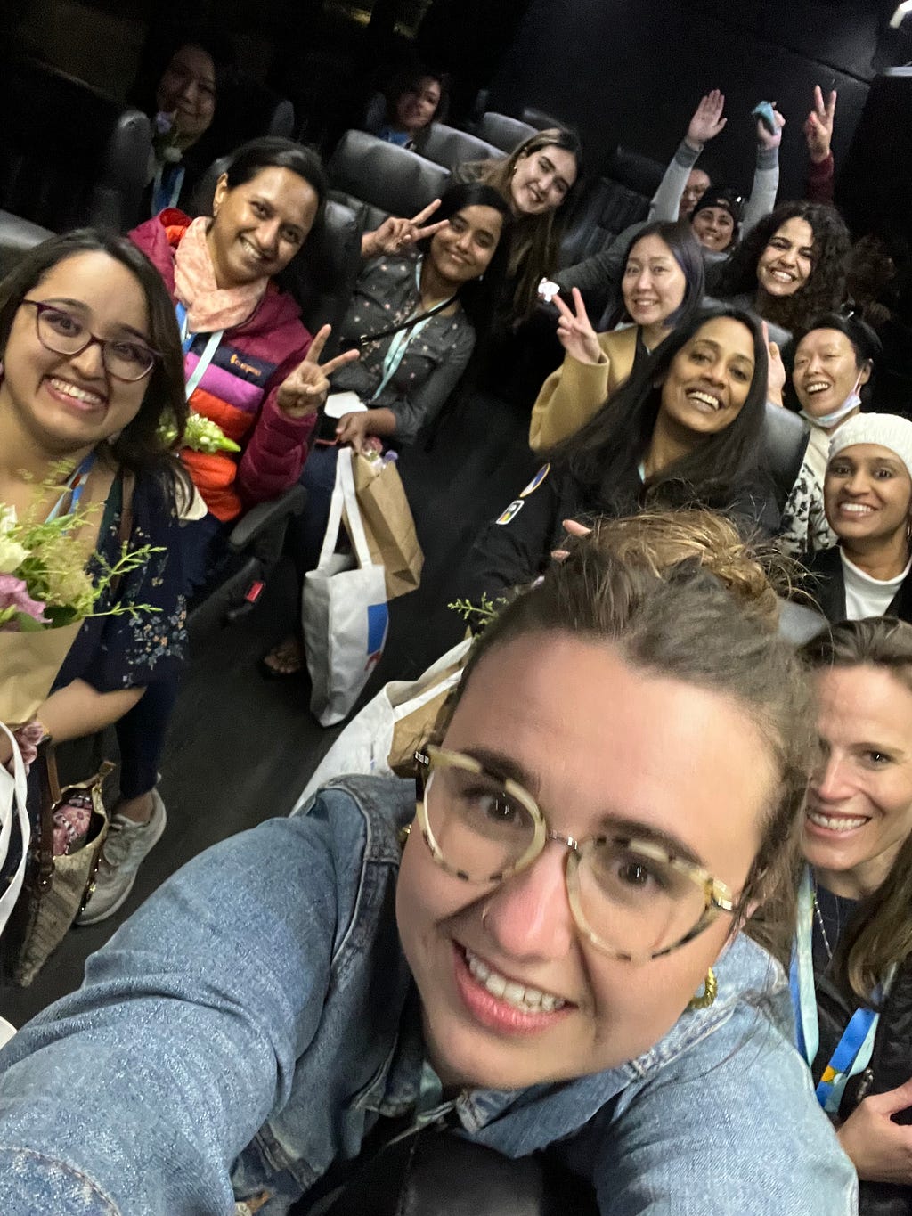A group selfie of some of the Women Techmaker members in the bus