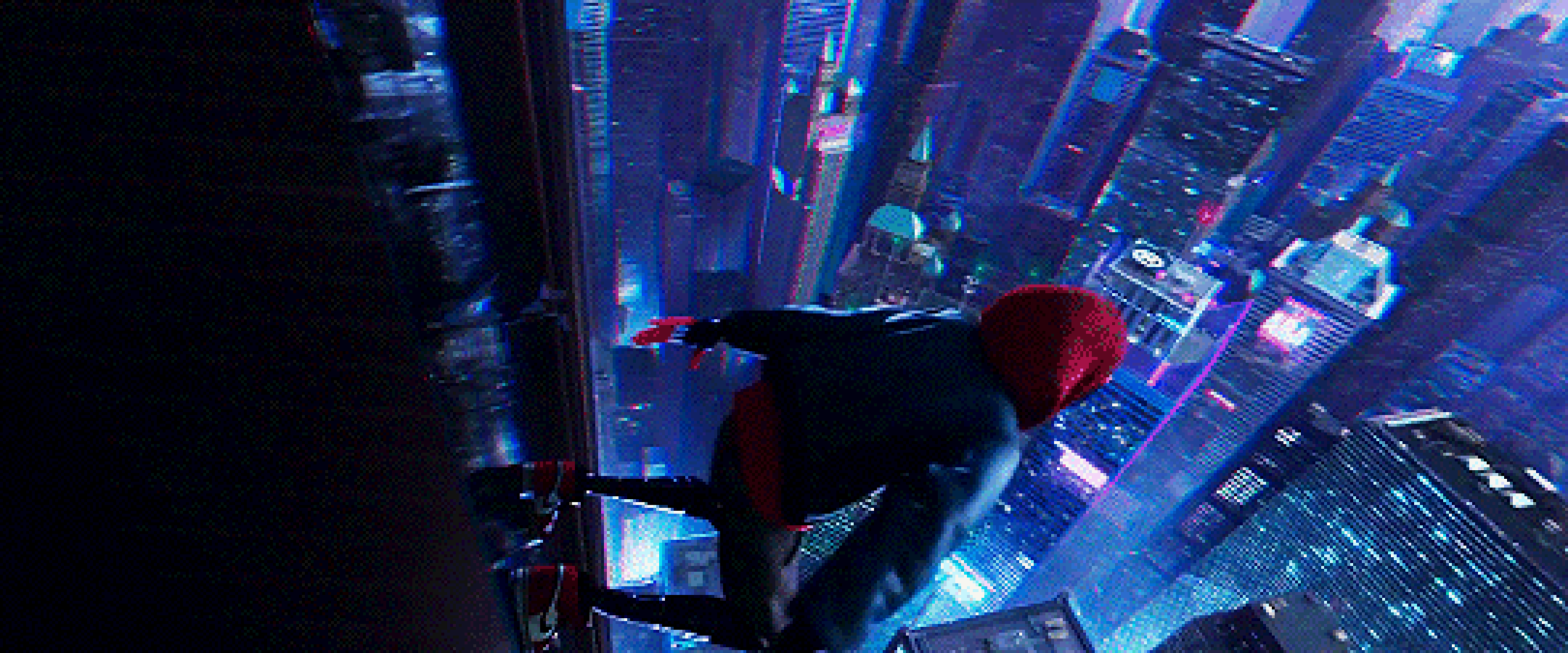 Miles Morales jumping from building — scene from the movie “Spiderman: Into the Spider-Verse”