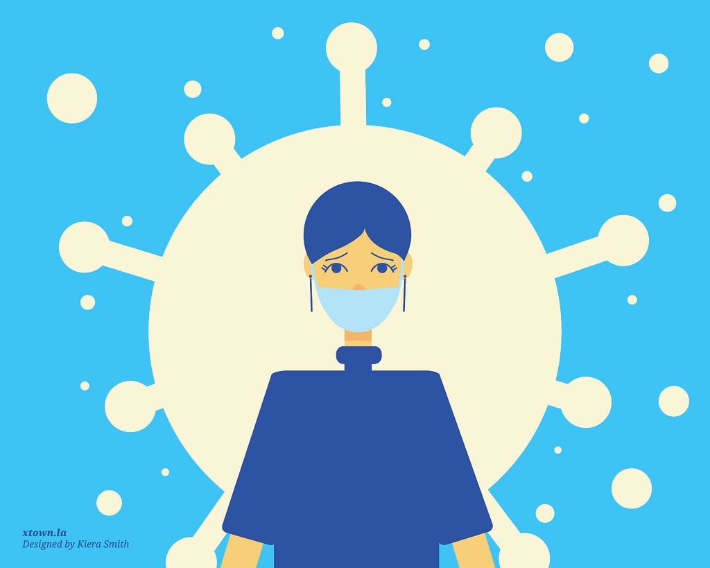Illustrated woman with worried eyes wearing a face mask, sitting against an enlarged virus shape.