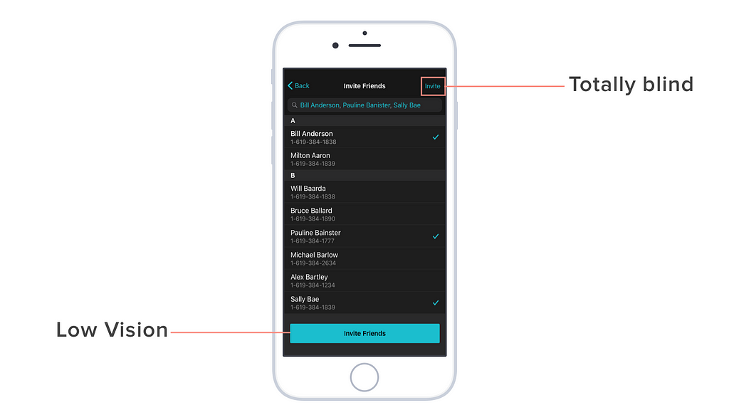 An app screen showing a contact list that allows you to select multiple invites.