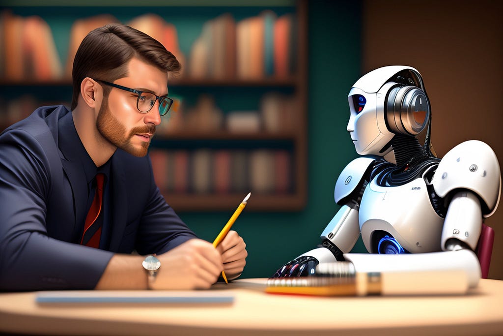 Prompt: a detailed portrait of a white teacher talking with robot, digital art, realistic painting, dnd, character design