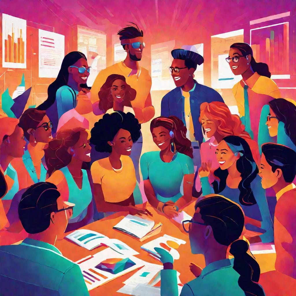 A vibrant digital illustration capturing the energy and enthusiasm of a group of classmates collaborating and sharing knowledge.