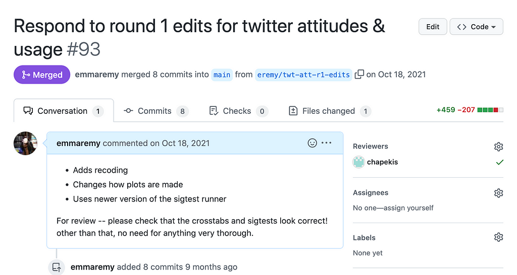 Screenshot of the GitHub page for a pull request. It includes a descriptive title, a short explanation of what the branch does, and a request for the reviewer to check the correctness of the crosstabs but otherwise not do a thorough review.