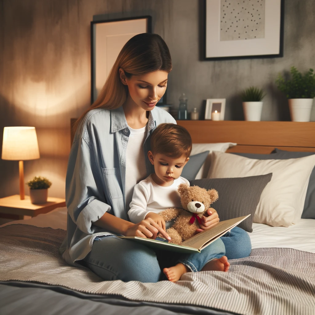 Mother and toddler immersed in a bedtime story, surrounded by a tranquil room setting and comforting toys