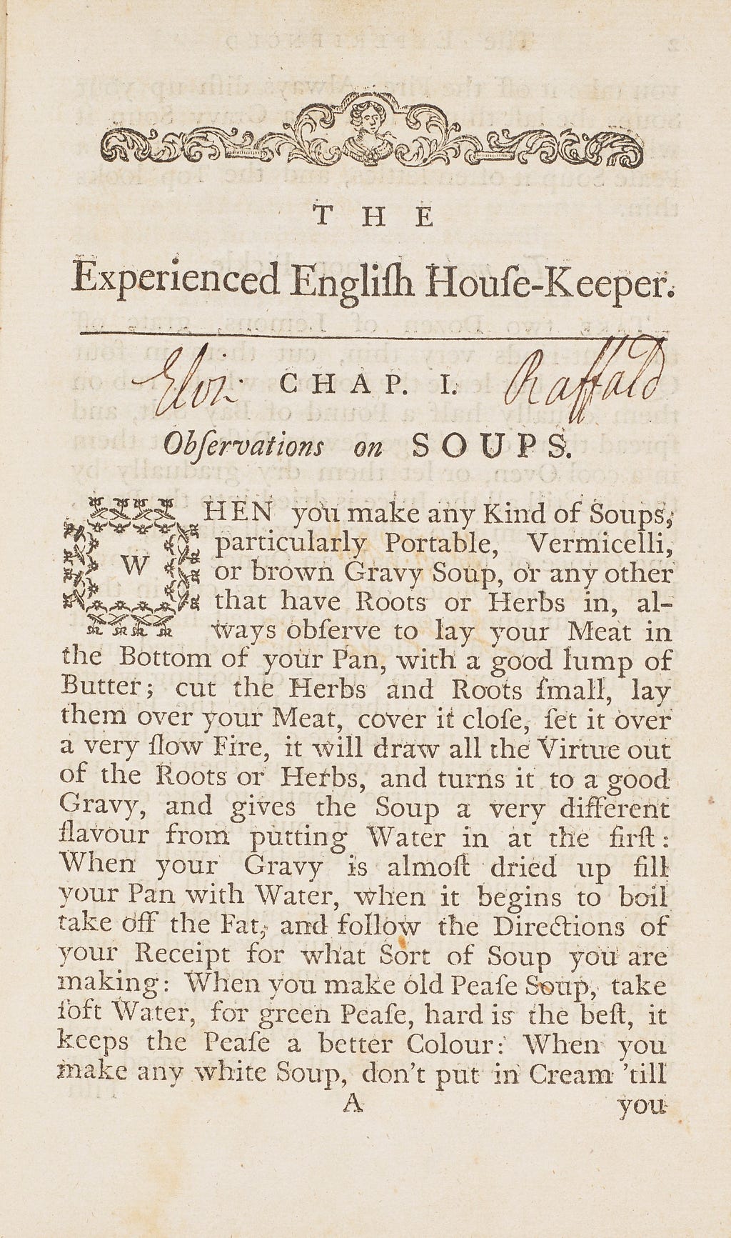 First page of a printed cookery book with woodcut headpiece and factotum initial. Handwritten name around the chapter heading.
