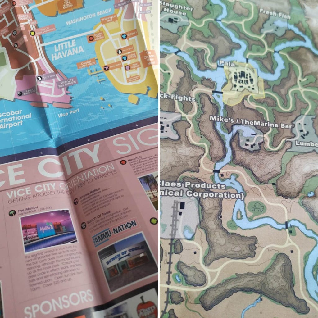 Photographs of the Grand Theft Auto: Vice City and FarCry 2 game maps