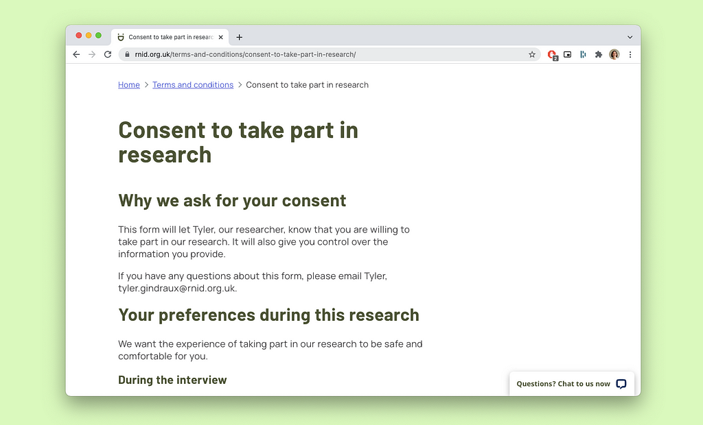 A screenshot of a webpage. The title of the webpage reads, ‘Consent to take part in research’ and it’s on the rnid.org.uk website.