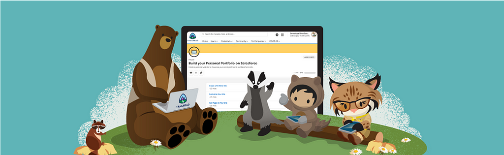 Trailhead characters Codey, Earnie, Astro, and Appy sitting on a log in front of a screen showing the Portfolio project.