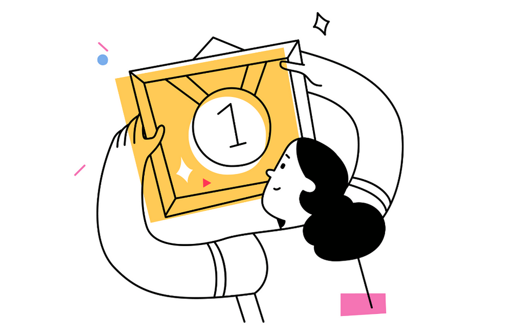 The image showcases a stylized cartoon woman gazing up at a large golden square plaque or frame she’s holding. The plaque prominently features the number “1” inside a white circle, suggesting it might be an award or a first-place trophy. The woman has dark hair and a gentle, proud expression. The background is minimalistic with playful geometric shapes and lines, including blue dots, pink rectangles, and other assorted decorative elements, contributing to a cheerful ambiance.