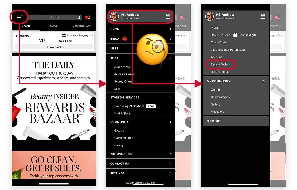 A screen flow showing the path from Home to Hamburger to Recent Orders.