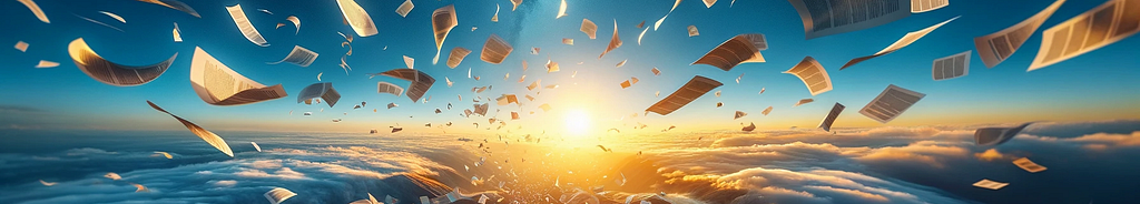 Papers floating through the sky over a sea of clouds with the sun rising in the background. The scene depicts an ethereal and dynamic landscape, symbolizing the dissemination and spread of information.