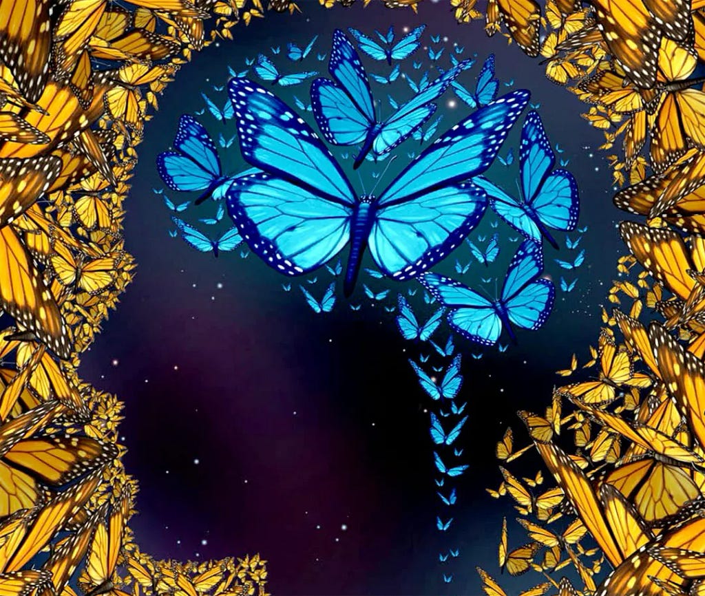 An image of the mind expanding, depicted by vibrant blue butterflies growing outwards from it