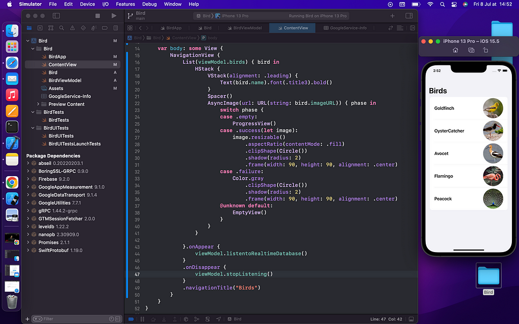 Xcode running the simulator displaying a SwiftUI List