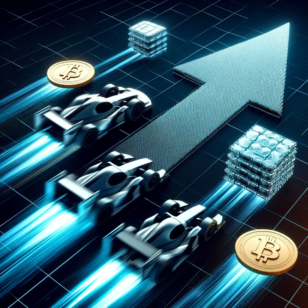 Racing cars speeding up an arrow to symbolize increased capacity and speed in blockchain scaling. Image created by author using DALL-E.
