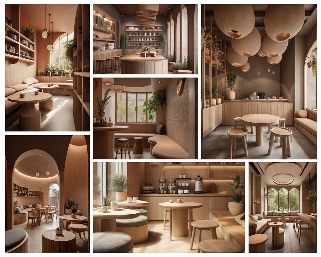 Collage of AI-generated peaceful cafes with natural light, wood craftsmanship, Japan-inspired interiors, coffee and tea shops, airy and tranquil atmosphere, featuring plants. Created with Midjourney.