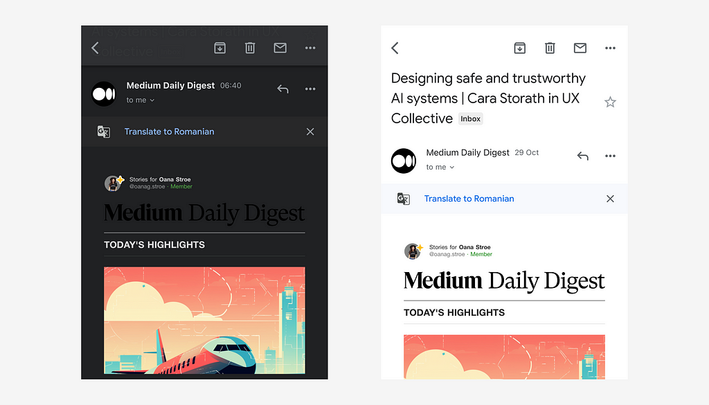 On the left there is an example of Medium Newsletter in dark mode, and on the right there is an example of Medium Newsletter in light mode