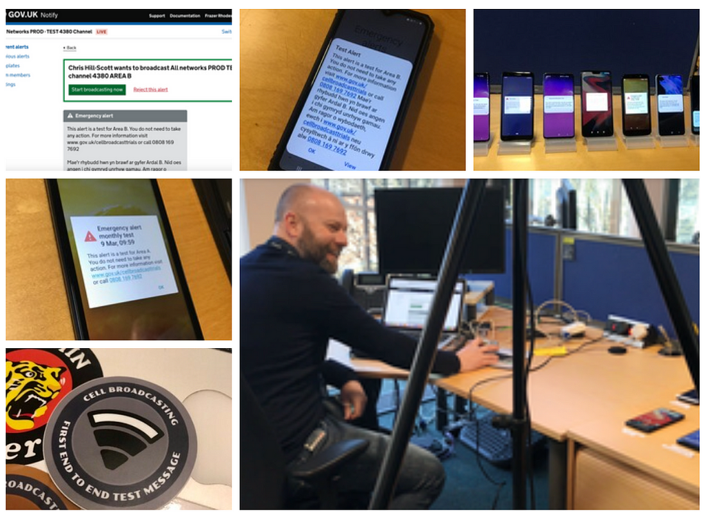 Images from 9 March 2021, Demo A test in Reading including mobile phones showing emergency alerts, the alerting engine and a person sending the emergency alerts.