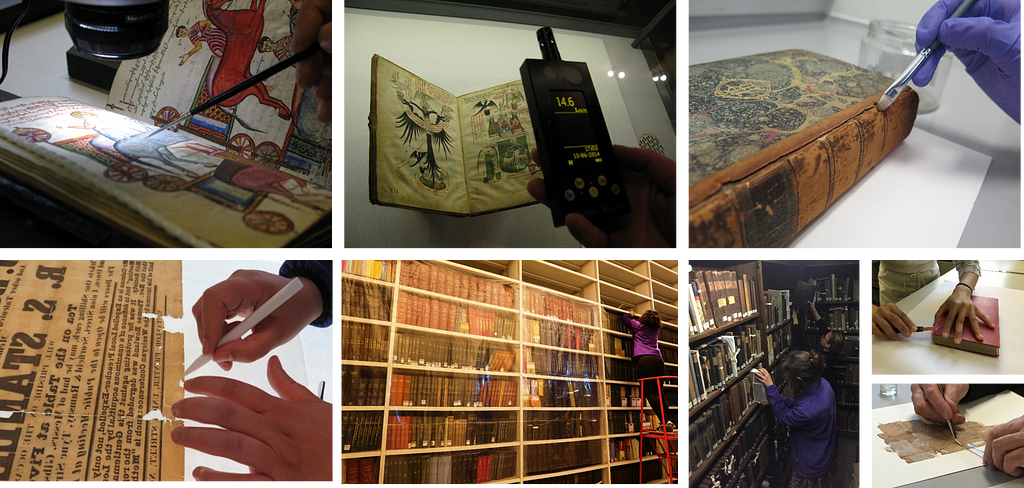 A montage of 8 photos of the Collection Care Team carrying out a range of conservation treatments and preservation activities, including pigment consolidation, taking light level reading for an illumination manuscript on exhibition, leather consolidation to the spine of a large binding, paper repair on a light box, and re-organising and cleaning shelves in a book store.