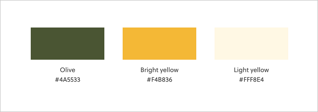 An image showing the three brand colors of Nine Tales, which consists of olive, bright yellow, and light yellow.