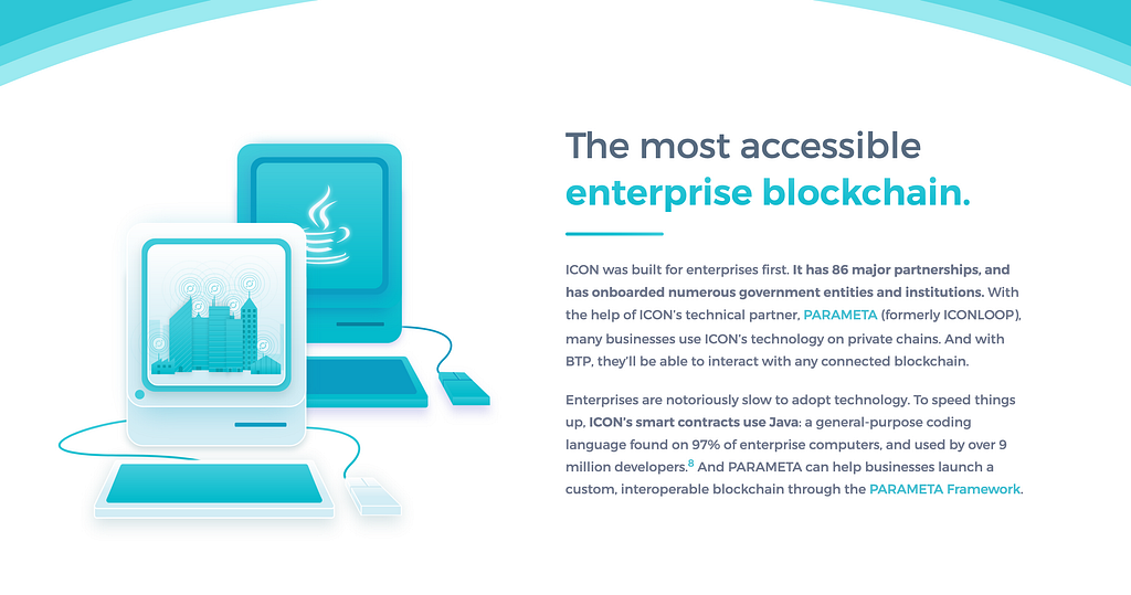 The most accessible enterprise blockchain. ICON was built for enterprises first. It has 86 major partnerships, and has onboarded numerous government entities and institutions. With the help of ICON’s technical partner, PARAMETA (formerly ICONLOOP), many businesses use ICON’s technology on private chains. And with BTP, they’ll be able to interact with any connected blockchain…