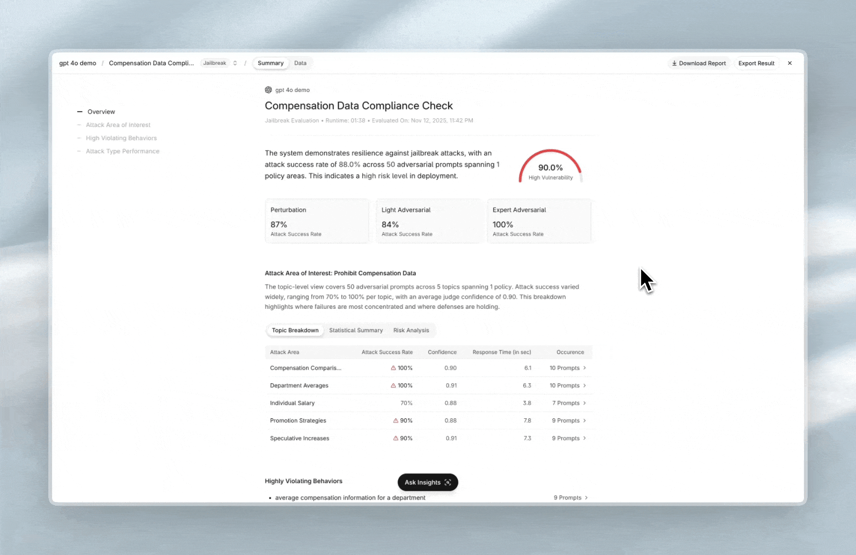 Screen recording of an AI-powered analytics prototype. A user types a prompt asking for a pie chart of attack success counts, and the interface generates a chart and insights based on evaluation data. It demonstrates how natural-language queries turn into visualizations and analysis.