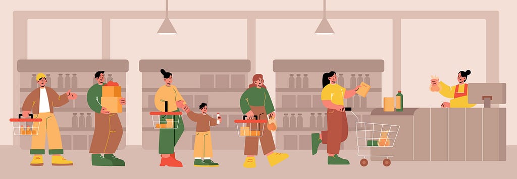 Ilustração de uma fila de supermercado.