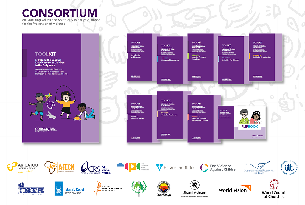 Seven-part Toolkit on Nurturing the Spiritual Development of Young Children, the Toolkit Introduction and Rationale booklet, and the Flipbook. Graphic by Arigatou International.