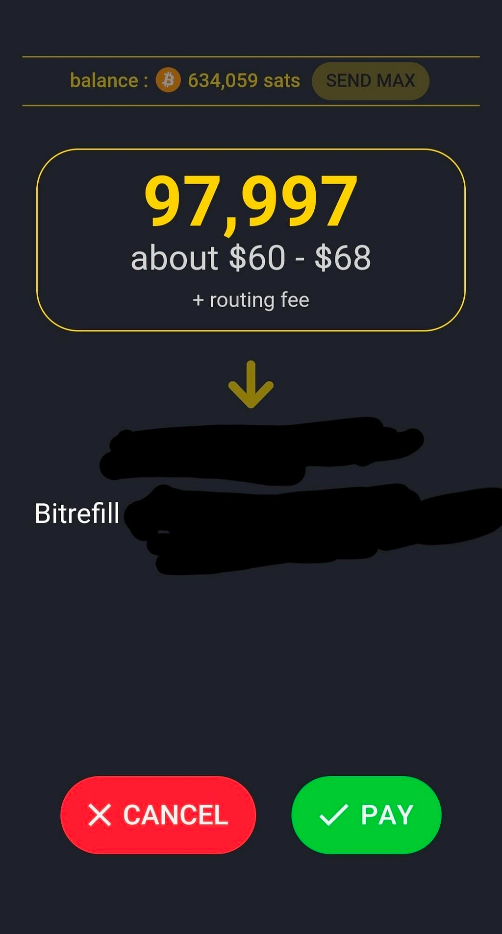 Wallet of Satoshi Payment to Bitrefill