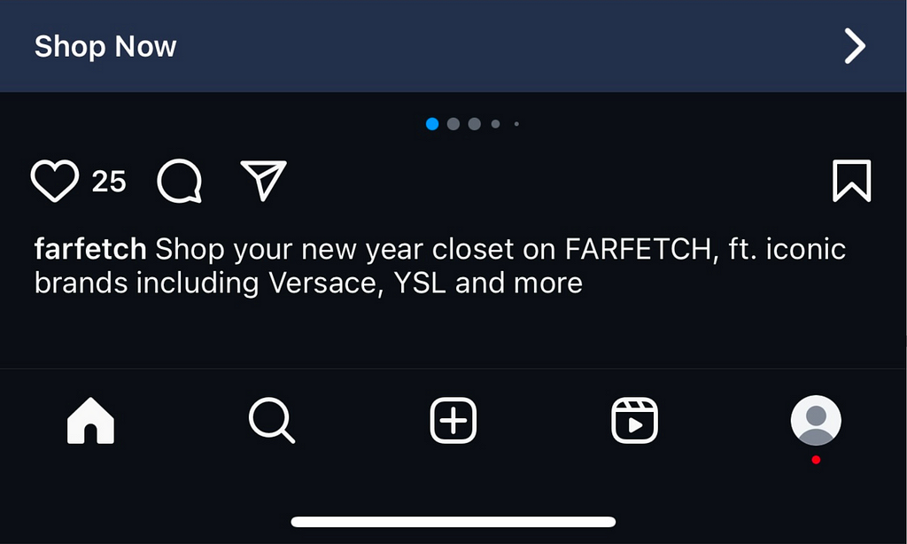 An Instagram post promoting a new year closet sale on FARFETCH. Underneath are the Instagram bottom bar icons: Home, Search, Reels, and Profile.