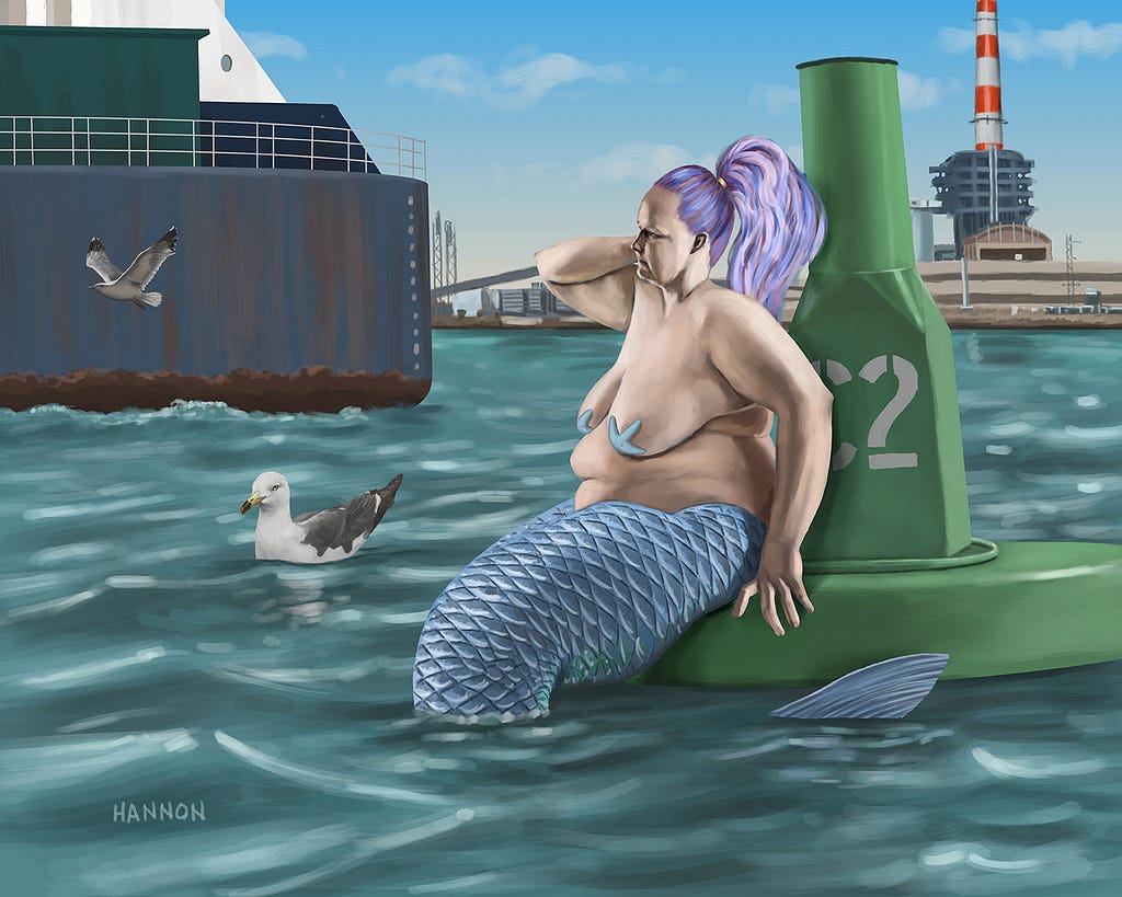 A mermaid rests on a buoy in a harbor. Behind her, a large ship with a steel hull drifts by. There is rust on the hull. Along the shore is an industrial waterfront. A seagull floats in the water near the mermaid. Further back, another seagull flies past the ship.