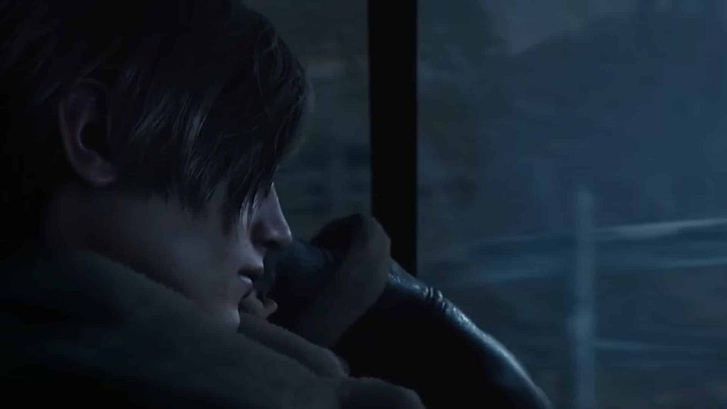 Screenshot of Resident Evil 4 Remake, the main character is looking out of a car window.