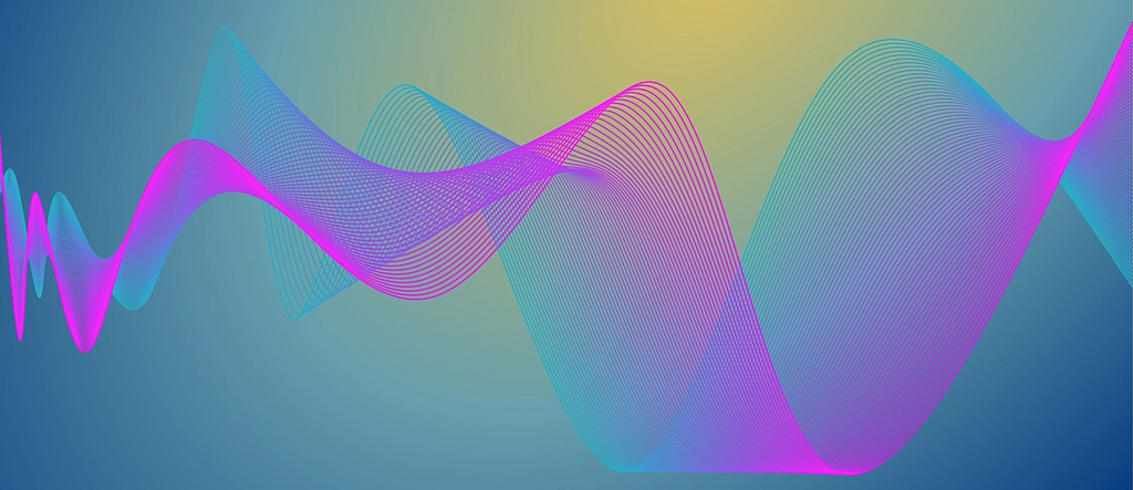 Abstract image showing purple and blue three dimensional waveforms on a yellow gradient background