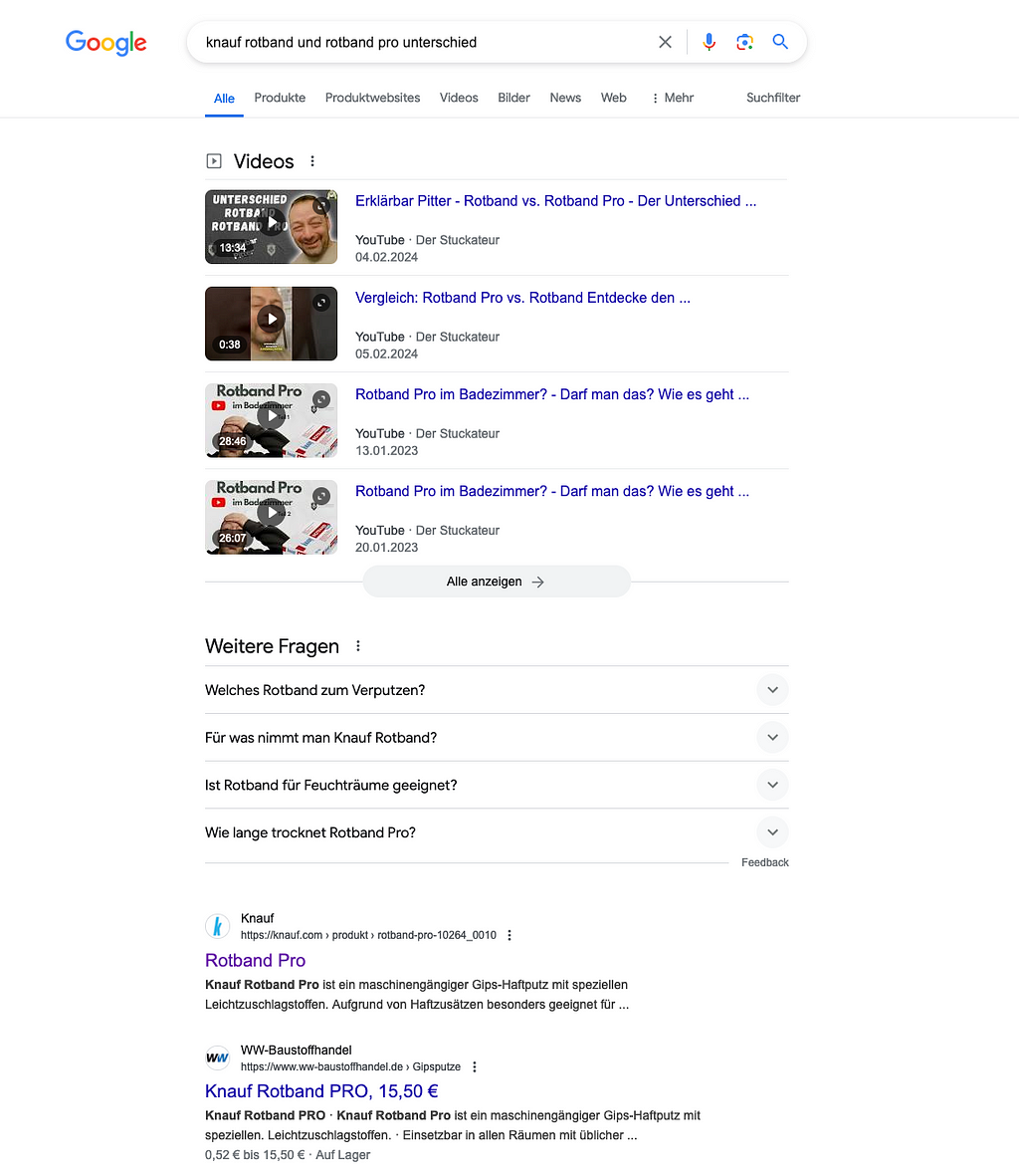 Screenshot der Google Suchergebnisse für die Anfrage “knauf rotband und rotband pro unterschied”