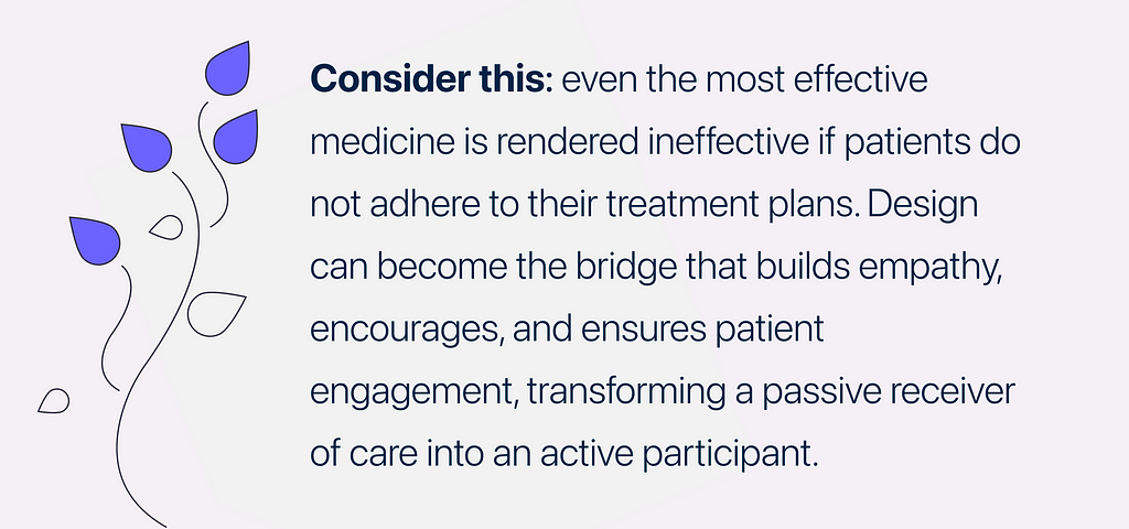 a graphic has the content of “Consider this: even the most effective medicine is rendered ineffective if patients do not adhere to their treatment plans. Design can become the bridge that builds empathy, encourages, and ensures patient engagement, transforming a passive receiver of care into an active participant.”