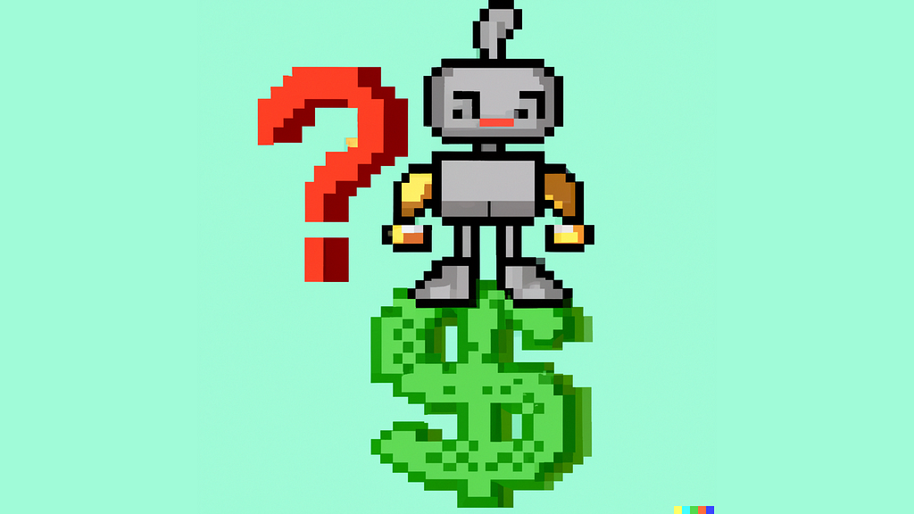 Робот (символизирует айтишника) стоит на знаке доллара (символизирует зарплату) и задаётся вопросом.