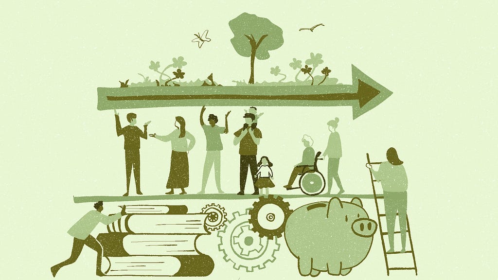 A group of people standing on a platform that is supported by books, cogs and a piggy bank. One person is climbing up the platform on a ladder, coming to support the group in carrying a big green arrow. The illustration illustrates how know-how and investment can support community-led stewardship for future generations to come.