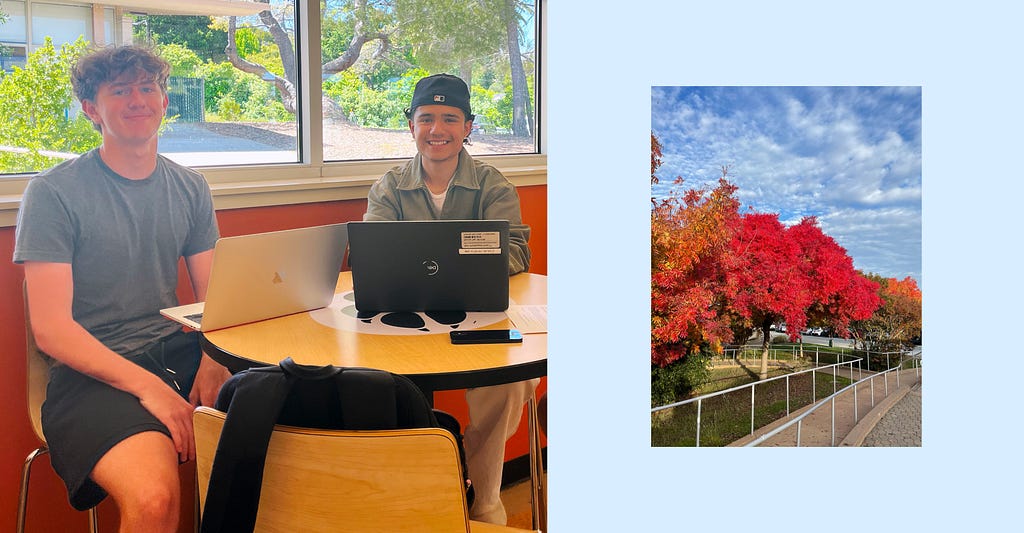 Two students sitting at a desk with laptops. To the right, there is a picture of trees with colorful fall leaves and a blue sky.