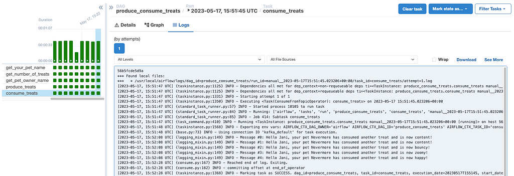 Airflow task logs of the `consume_treats` task in the `produce_consume_treats` DAG containing the lines like: [2023–05–17, 15:52:08 UTC] {logging_mixin.py:149} INFO — Message #0: Hello Jani, your pet Nevermore has consumed another treat and is now content!