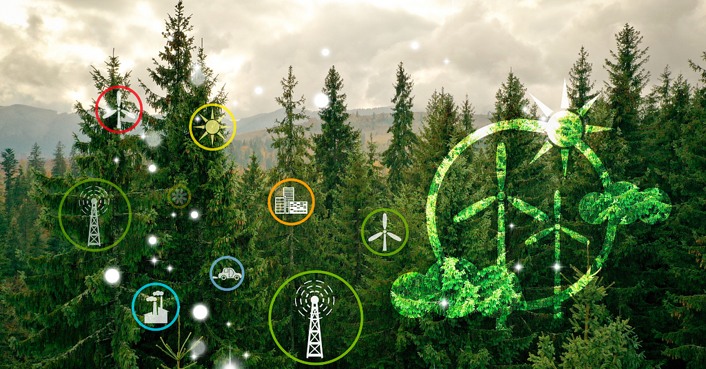 Naturescape image with illustrations of symbols representing manufacturing and energy sources overlaid.