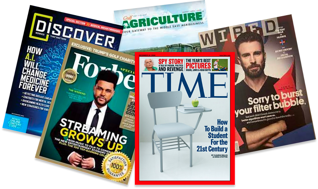 cover of the magazines Discover, Agriculture, Forbes, Time and Wired ranging from artificial intelligence and streaming to social media, agrotech and edtech