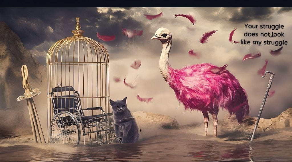 A surreal scene: a bleaching pink ostrich and a cat near an empty wheelchair in a gilded cage in floodwaters, with floating feathers and the message “Your struggle does not look like my struggle.” Created in Midjourney using the poem as a prompt and then edited in Adobe Cloud.