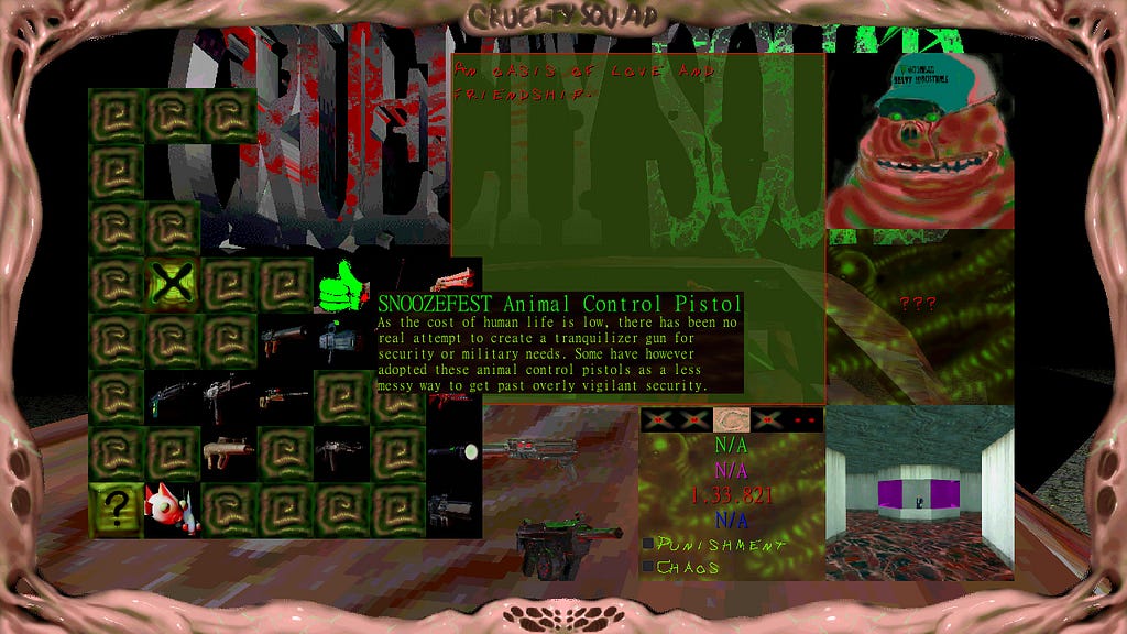 Screenshot of Cruelty Squad, featuring the haphazard menu design.