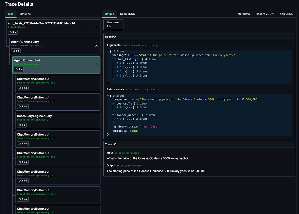 Execution process for a specific record inside the TruLens UI.