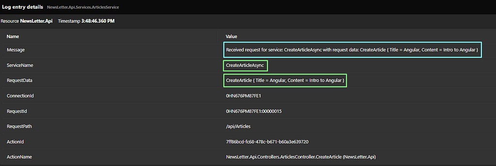 This shows the detailed view of a single log entry, highlighting the structured log message and its parameters.