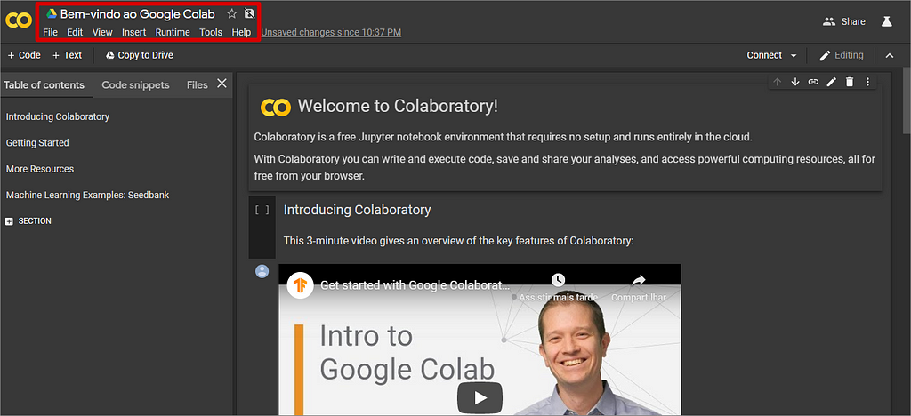 Google Colab — Menu e Título.