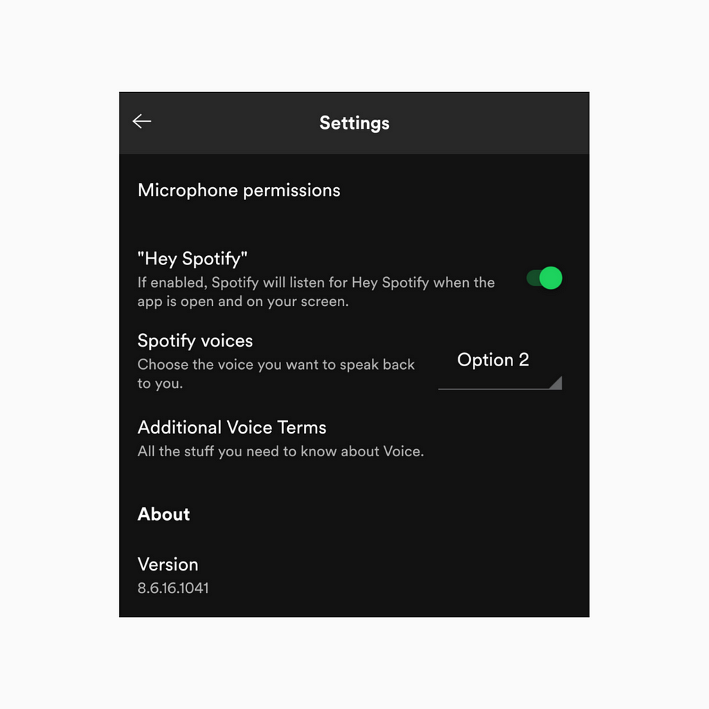 screenshot of the Spotify settings page on the mobile app. within view is the Voice section of settings, which shows microphone permissions, “Hey Spotify”, Spotify voices, and the Voice Terms.