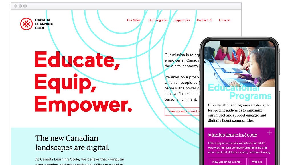 Examples of Canada Learning Code’s responsive web design and landing page messaging