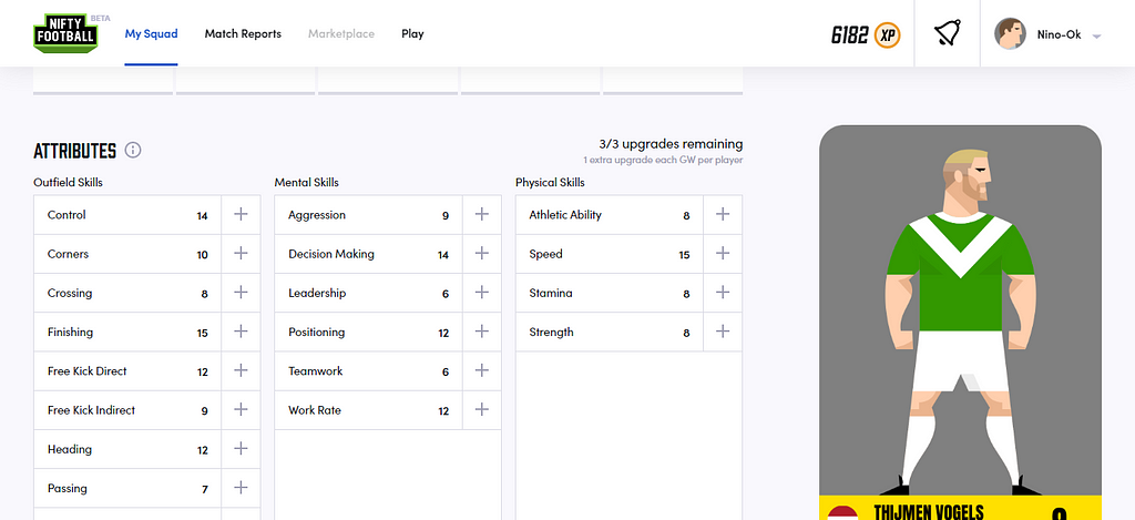 Image from Nifty Football game, player’s attributes